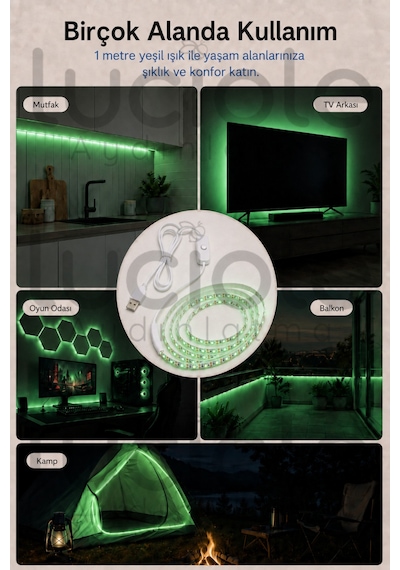 1 Metre 5v Usb Yeşil Şerit Led Aç Kapa Anahtarlı Gaming Tv Masa Raf Araç Dekoratif Işık