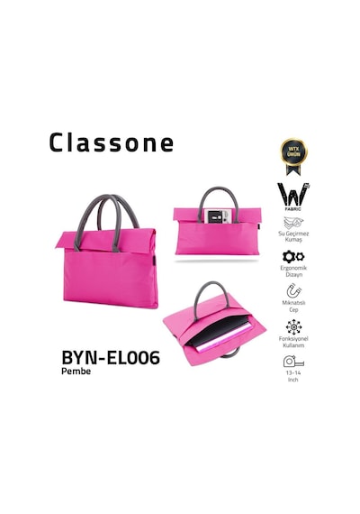 Classone Byn-el006 Wtxpro Su Geçirmez Kumaş 13-14 İnch Bayan Laptop, Notebook, Apple Uyumlu MacBook Air El Çantası- Tote Bag- Pembe