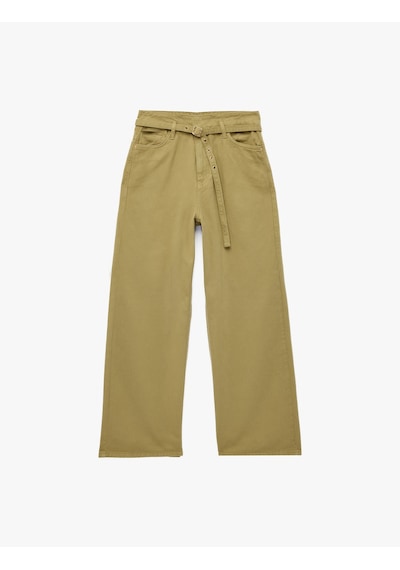 Koton Pamuklu Yüksek Bel Kemerli Geniş Paça Pantolon - Wide Leg Jeans Haki 6sal40060mw
