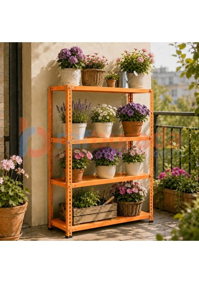 4 Katlı Renkli Dekoratif Çelik Raf - Çiçeklik Rafı, Ofis Rafı 0,70 Mm Turuncu-59x75 Cm-100 Cm
