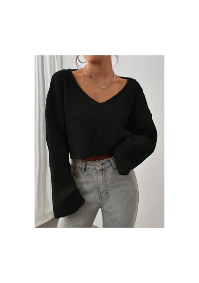 Nimas Kadın Oversize V Yaka Triko Crop Kazak Siyah - 660238521 Siyah