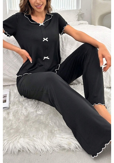 Bella Notte Pamuklu Siyah Fiyonk Detaylı Mevsimlik Pijama Takımı