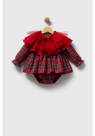 Ministok Eloise Çıkarılabilir Yakalı Ekose Desenli Alttan Çıtçıtlı Kız Beb Kırmızı