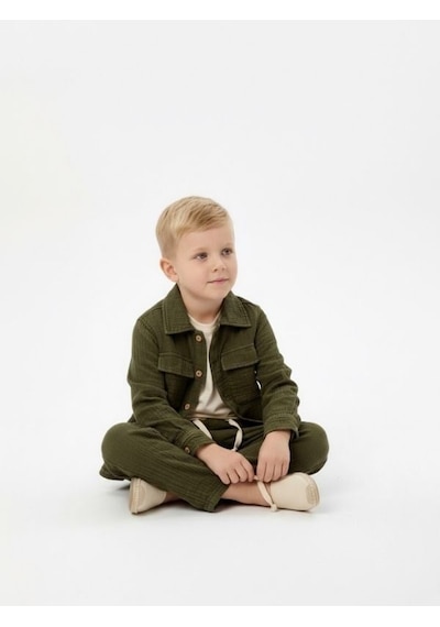 Zekids Erkek Çocuk Müslin Dokulu Rahat Kesim Pantolon-17144 Yeşil