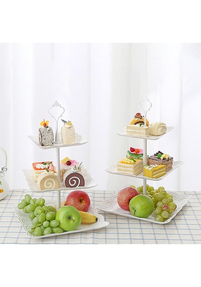 Beyaz Kabartmalı Kare Cupcake Standı 3 Katmanlı - Bebek Duşu, Düğün Veya Partiler İçin Yeniden Kullanılabilir Tatlı Tabaklar