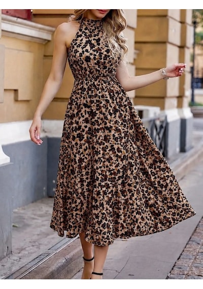 Dogutrend Kadın Omuzlardan Açık Daire Yaka Desenli Maxi Süprem Elbise Leopar