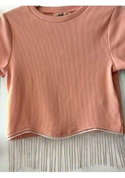 Zekids Kız Çocuk Zincirli Fitilli Crop T-shirt-14396 Somon