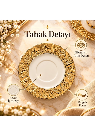 Valkyrie Hürrem Serisi 6 Kişilik 12 Parça Kahve Fincan Takımı 100ml Kabartmalı Altın Detaylı Set Beyaz Altın
