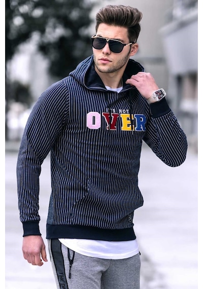 Madmext Lacivert Kapşonlu Sweatshirt - Çizgili Detaylı 2788 Lacivert