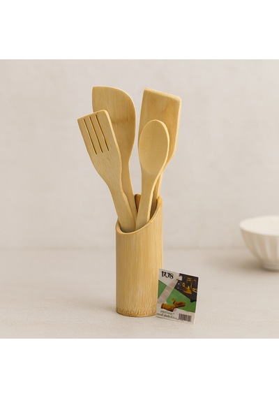 Ahşap Bambu Mutfak Servis Seti 5 Parça Kaşık, Çatal, 2 Spatula, Stand 27.5/30 Cm Çr