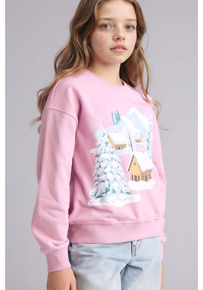Defacto Relax Fit Bisiklet Yaka Baskılı Sweatshirt Kız Çocuk E6843A825WN Pembe