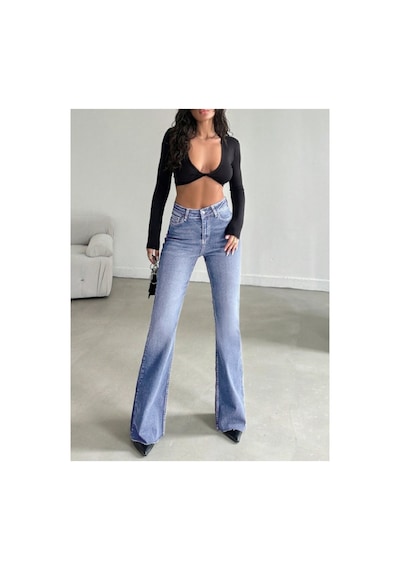 Kene Jeans Paça Kesik İşlemli Buz Mavi İspanyol Paça Buz Mavi