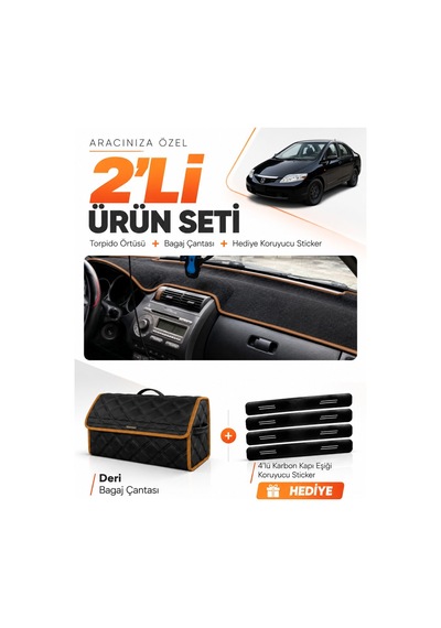 Honda Cıty 2002-2007 Uyumlu Torpido Örtüsü + Deri Bagaj Çantası + Sticker Seti - Siyah Kahverengi