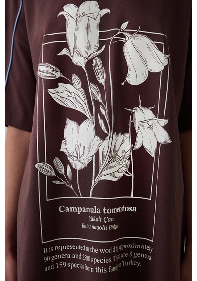 Penti Kahverengi Çiçekli Bisiklet Yaka Kısa Kollu Pamuklu Çan Gecelik - Inspired by Flora