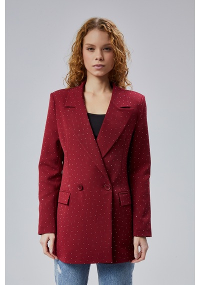 Kadın Regular Dokuma Astarlı Taş Detaylı Blazer Ceket Siyah