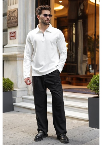 Madmext Ekru Yarım Fermuarlı Polo Yaka Dokulu Erkek Sweatshırt E7197
