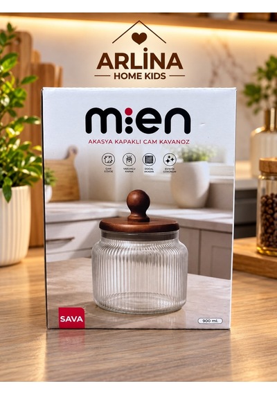 900 Ml Akasya Kapaklı Ball Cam Kavanoz Şeffat Cam - Akasya Ahşap Kapak