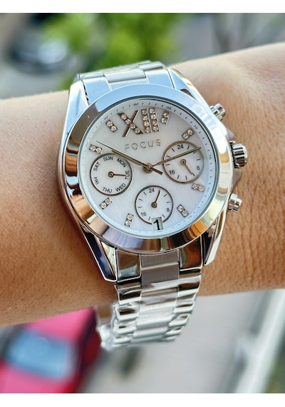 Focus Dual Time Aktif Göstregeler Komple Çelik Spor Şık Kullanıma Uygun Kadın Kol Saati Metalik