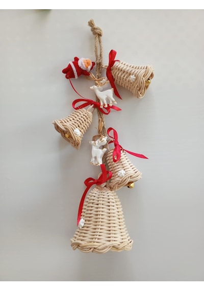 Bambu 4'lü Noel Çanı,geyik Noel Baba Arajmanlı Kapı Duvar Dekoru 33cm