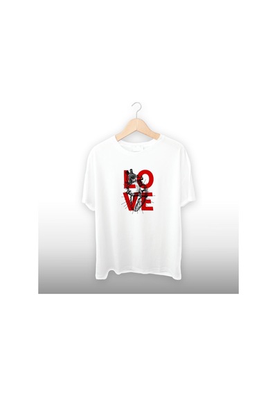 Love Kalp Kırmızı Detaylı Unisex Tişört Beyaz