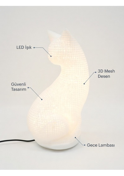 Dekoratif Kedi Figürlü Gece Lambası 3d Yazıcı Baskı Hediyelik Masa Lambası Aydınlatma 23cm Beyaz