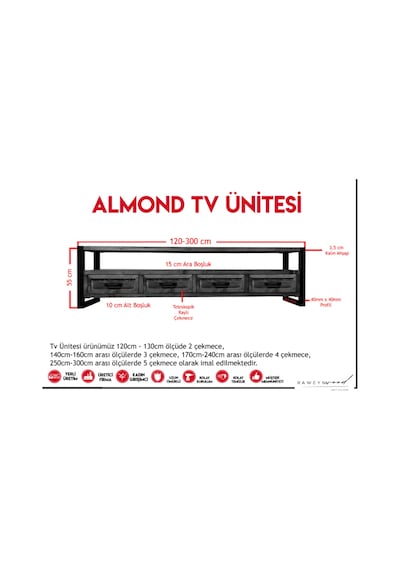 Raweyn Almond Doğal Ahşap Tv Ünitesi - 220cm Ceviz