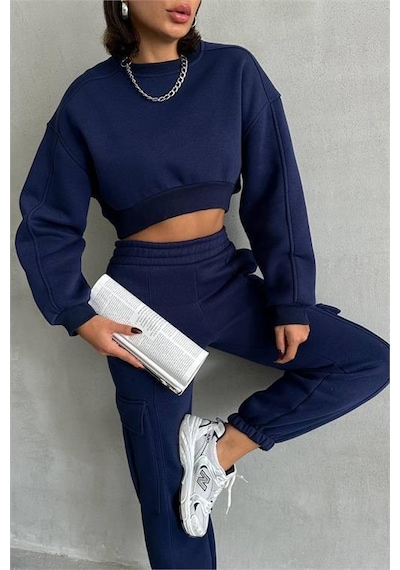 Dip Moda Kadın Bisiklet Yaka Crop Eşofman Takımı Dpnbg041 Lacivert