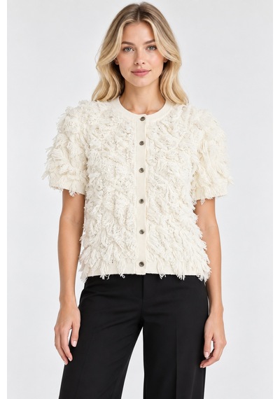 Bihan Store Kadın Crop Model Ön Düğmeli İp Kabartmalı Bluz W27-2926-ekru