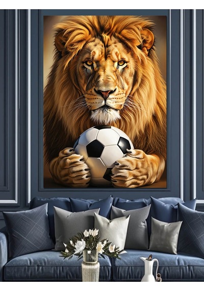 Ahşap Tablo Futbol Oynayan Aslan Kral