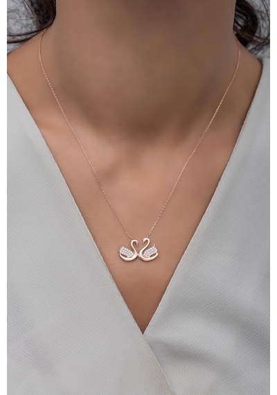 925 Ayar Gümüş Rose Çift Kuğu Kolye Rose Gold