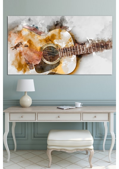 Gitar Suluboya Efekti Sanatasal Çizim Müzik Kanvas Tablo  140 x 70