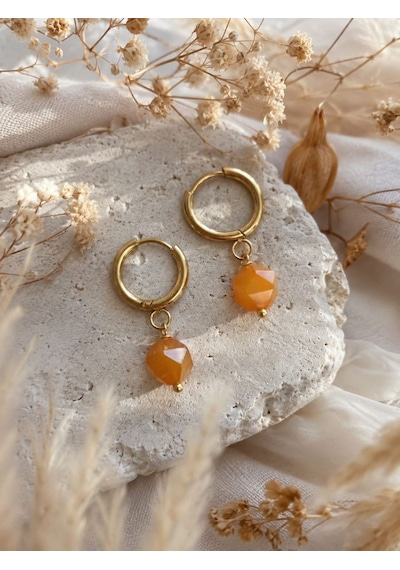 Cm Jewelry Turuncu Akik Taşlı Gold Halka Çelik Küpe