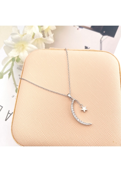 Ay Yıldızlı Kolye Kadın Kolye Zirkon Taşlı 45cm Silver