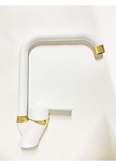 Beyaz Gold Köşe Borulu Mutfak Eviye Musluğu Bataryası Çeşmesi Beyaz