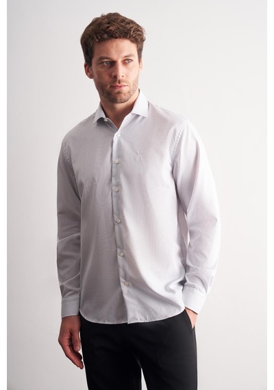 İmza Beyaz - Gri Yarım İtalyan Yaka Çizgili Desen Uzun Kol Premium Slim Fit %100 Pamuk Gömlek 1004255191 Beyaz - Gri