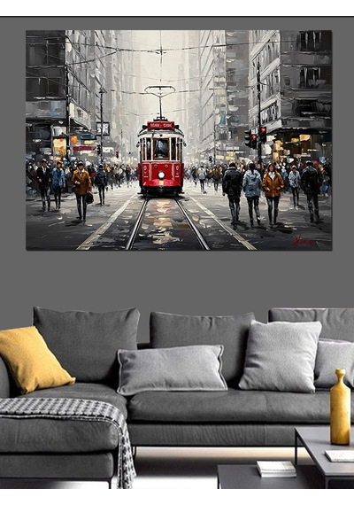 Kırmızı Tramvay Ve Siyah Beyaz Şehir Dekoratif Kanvas - Mdf Ahşap Tablo