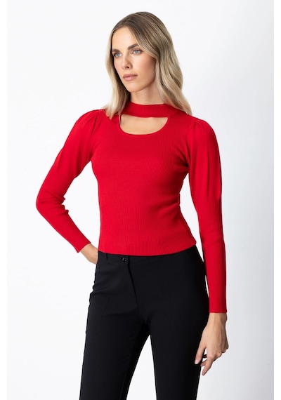 On Fashion Kadın Yakası Pencereli Balon Kol Kırmızı Kazak 65303 Kırmızı