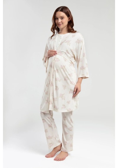 Pierre Cardin 9009 Hamile Lohusa Sabahlıklı Kısa Kollu Pijama Takımı - Krem
