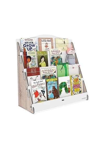 Lucky Montessori Ahşap Çocuk Odası 4 Raflı Kitaplık Meşe - Beyaz Abanoz - Beyaz