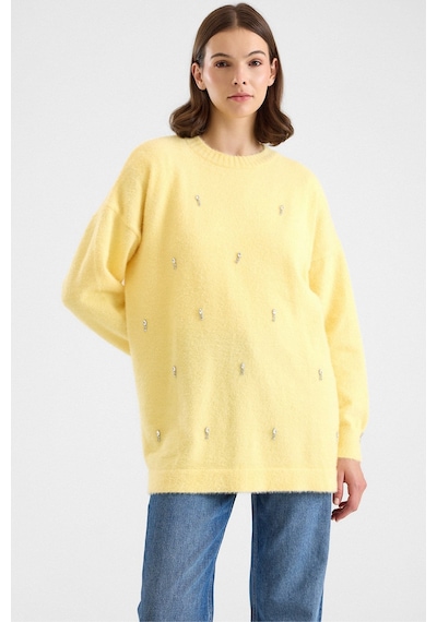 Olcay Taş Detaylı Soft Kumaş Oversize Triko Kazak Sarı 8290