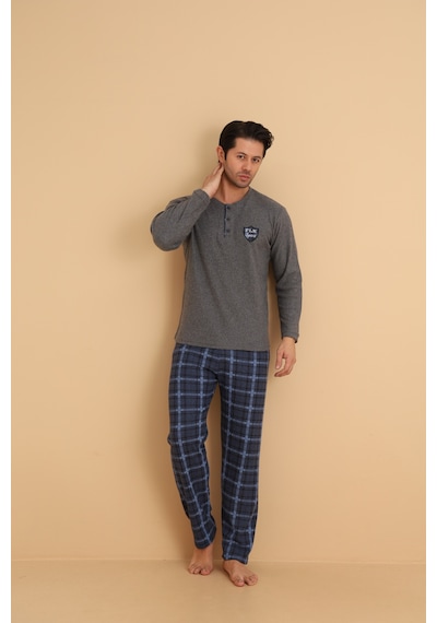 Wordex Flkn 7015 İnterlok Kışlık Ekose Pijamalı Erkek Pijama Takımı Füme