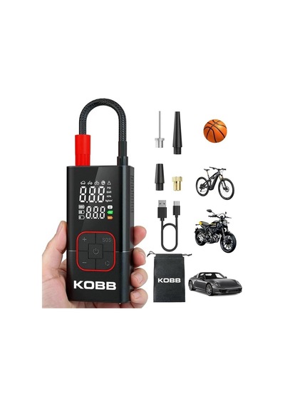 Kobb Kb412 Şarjlı Dijital Lastik Şişirme Pompası, 150 Psı, Powerbank, Led Lamba, Li-ion, 1800mah, 13x6.5x5 Cm