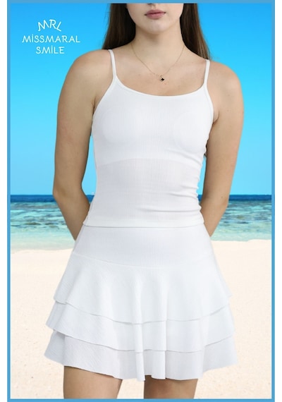 Mykonos Etek Ekru / Beyaz Içte Sabit Şortlu Yüksek Bel Likralı Bürümcük Kumaş Skirt With Shorts 4104 Ekru / Beyaz