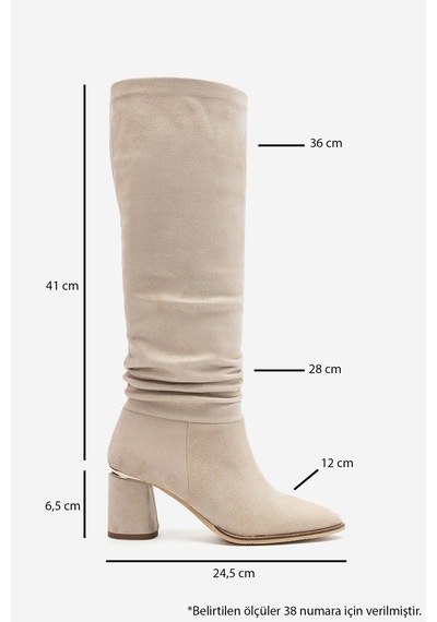 Luvi Shoes 120 Bej Süet Körüklü Kadın Kalın Topuklu Çizme