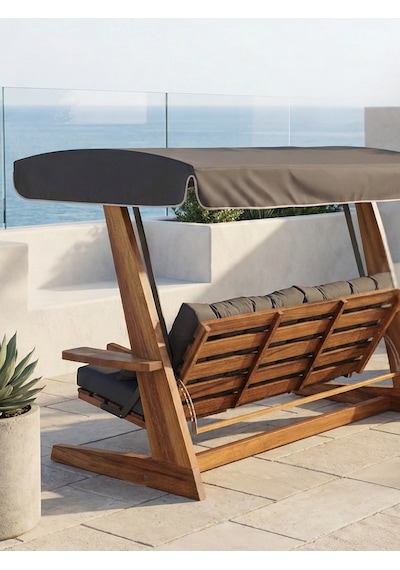 Luna Deluxe 2600 Iroko Beş Kişilik Yatak Olma Ve Ayak Uzatma Sehpalı Ahşap Bahçe Salıncağı Antrasit Minder Seti Dahil Antrasit