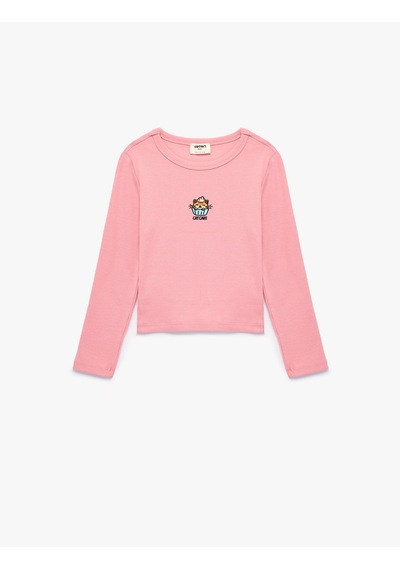 Koton Kedi Nakışlı Slim Fit Pamuklu Kaşkorse Bisiklet Yaka Uzun Kollu Tişört Pembe 7wkg10518ak Gül