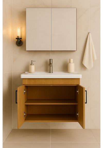 Luna 65 Cm Ahşap Camlı Üst Modül Ve Seramik Lavabolu, Mdf Banyo Dolabı Takımı Ahşap