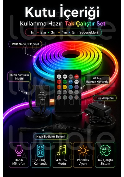 Onerous 1 M Rgb Neon Led Şerit, Müzik Kontrollü, 20 Tuş Kumandalı