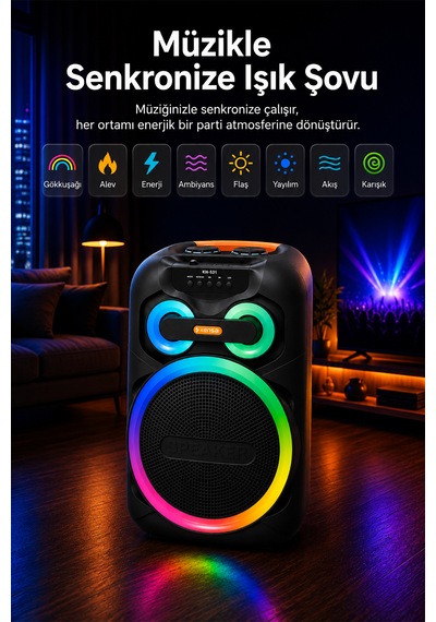 Taşınabilir Mikrofonlu 50w Led Işıklı Bluetooth Hoparlör Seti