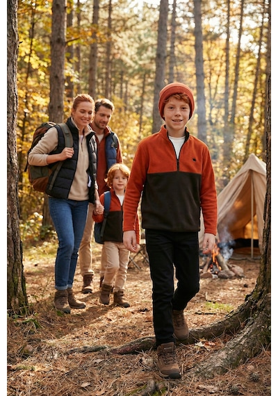 Lela Yumuşak Dokulu Yarım Fermuarlı Renk Bloklu Dik Yaka Unisex Çocuk Polar 5905004 Orange-Antrasit